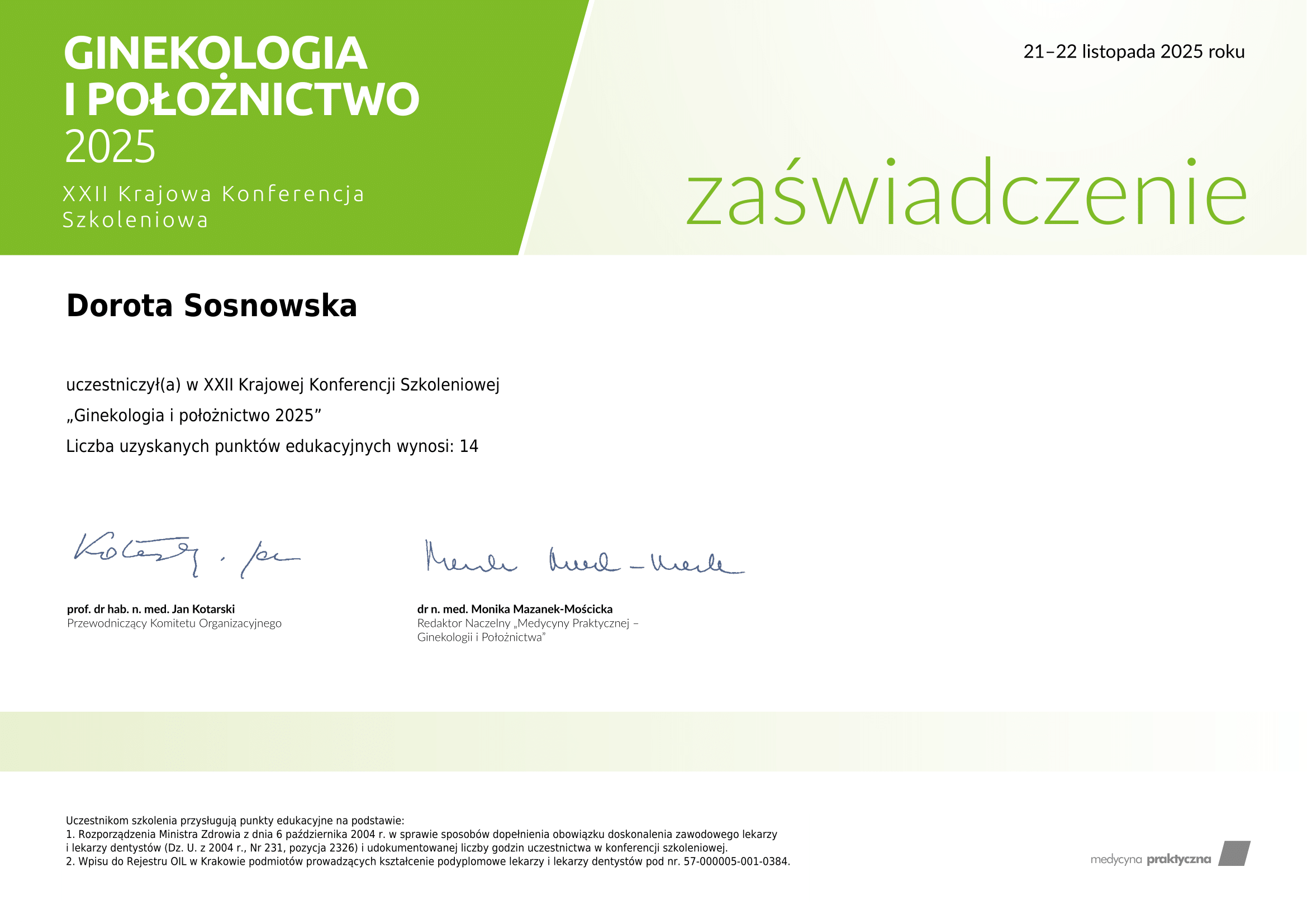 Zaświadczenie z Konferencji "Ginekologia i Położnictwo 2025"