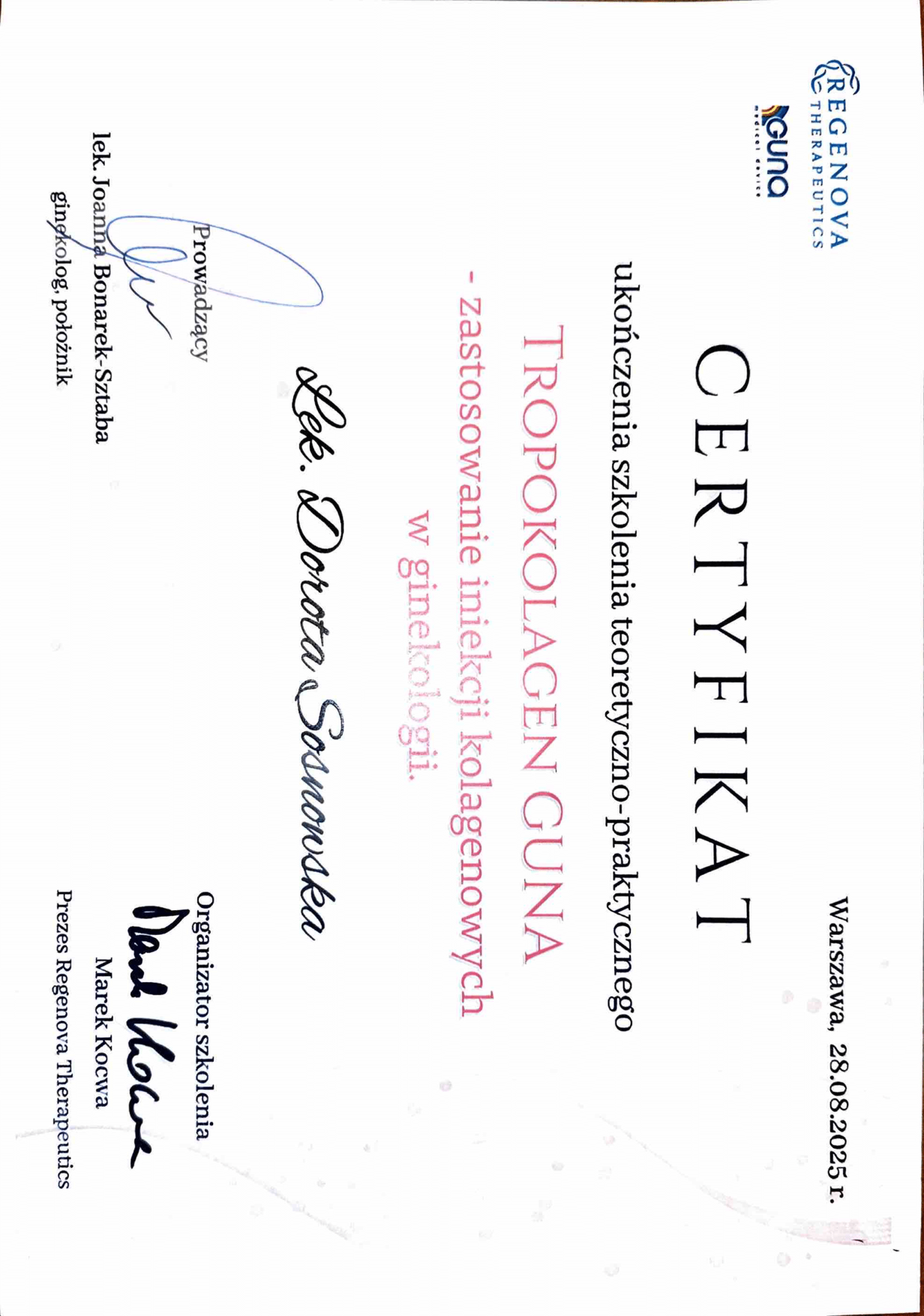 Certyfikat ukończenia szkolenia teorytyczno-praktycznego Tropokolagen Guna