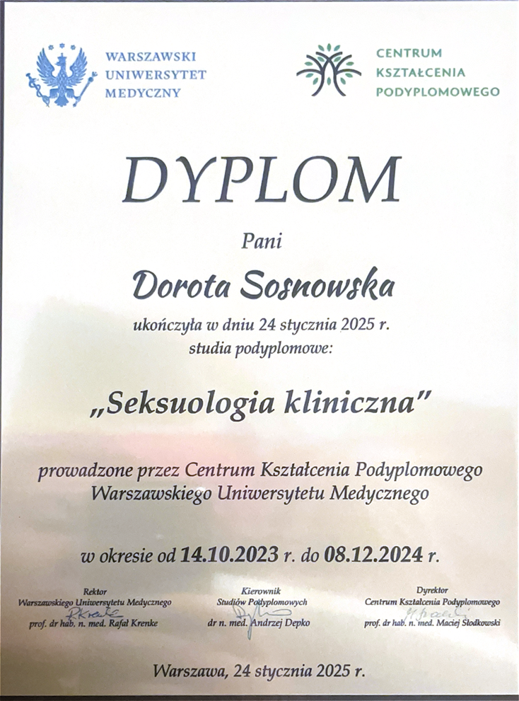 Dyplom ukończenia studiów z Seksuologii Klinicznej